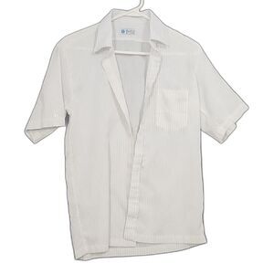 Woo Lim Size Medium Men's Dress Shirt Cream with Brown Pinstripes